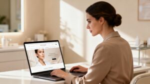 Clinic owner reviews website design on a laptop.