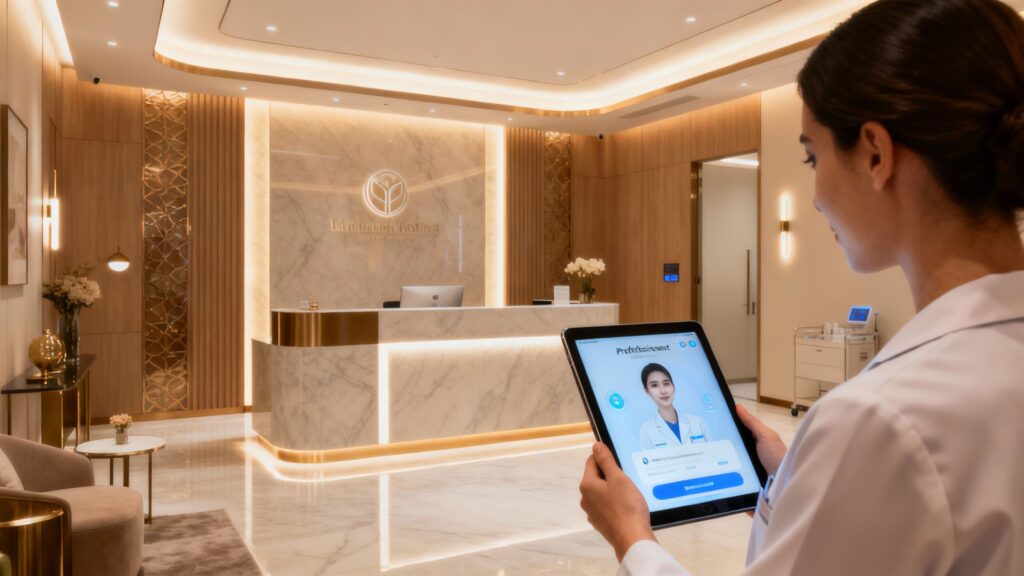 Virtual receptionist interface on tablet in a modern aesthetic clinic.