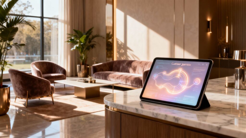 Beauty clinic interior with tablet showing customer journey.