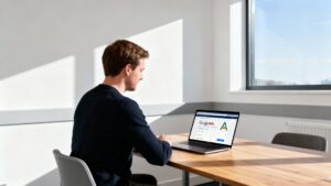 Clinic owner managing Google Ads on a laptop in the UK.