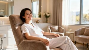 Modern med spa interior with client relaxing.