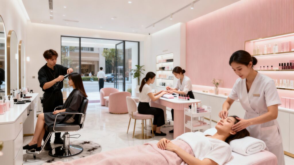 Beauty salon with happy clients receiving various treatments.