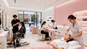 Beauty salon with happy clients receiving various treatments.