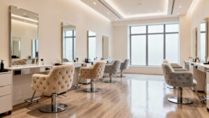 Empty beauty salon with unoccupied chairs and stations.