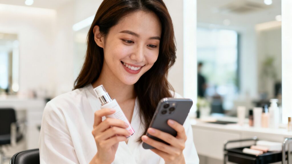 Woman using phone in a bright, modern beauty salon.