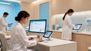 Modern clinic interior with software interface.