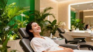 Medspa interior with client receiving facial treatment.