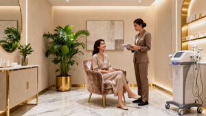 Luxurious medspa interior with happy client and practitioner.