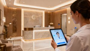 Virtual receptionist interface on tablet in a modern aesthetic clinic.