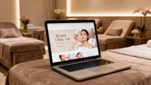 WordPress beauty clinic website design on laptop.