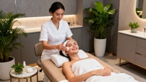 Client receiving facial treatment in a modern medspa.
