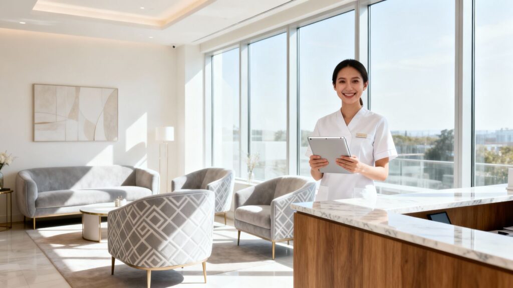 Busy med spa reception with receptionist booking appointments on tablet.
